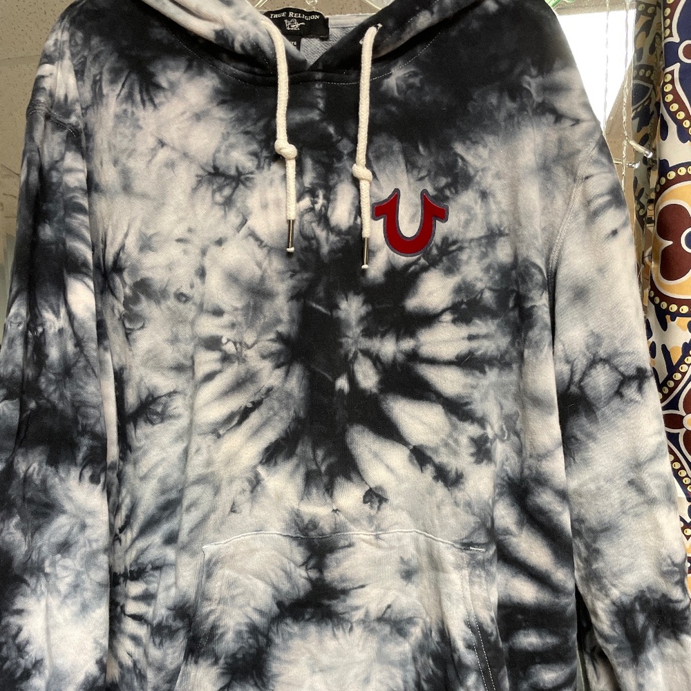 MEN'/WOMANS TRUE RELIGION BUDDHA TIE DYE PULLOVER HOODIE  DRK BLUE & WHITEW